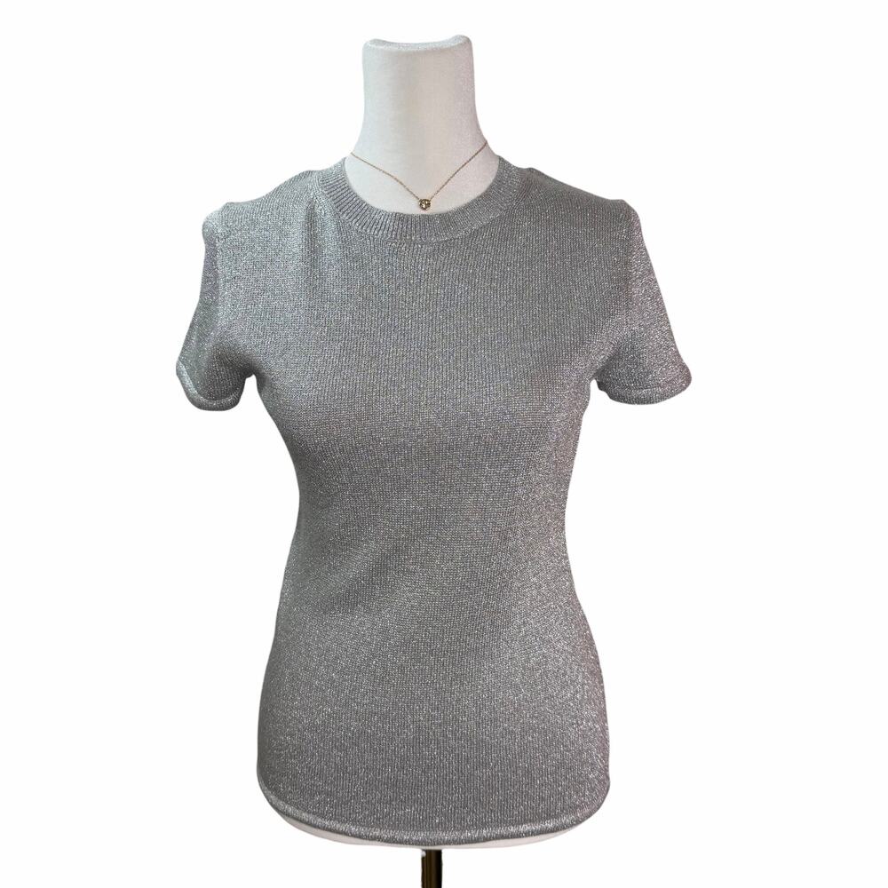 New Theory Slim Crew Silver Metallic Cupro Knit Top Size Small